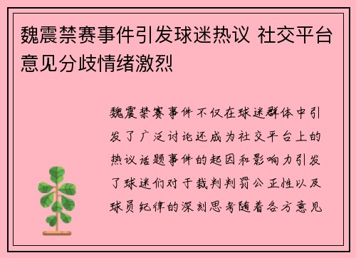 魏震禁赛事件引发球迷热议 社交平台意见分歧情绪激烈