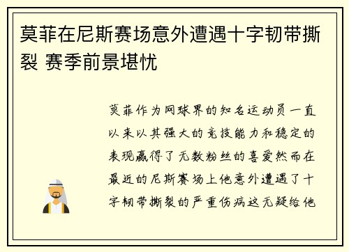 莫菲在尼斯赛场意外遭遇十字韧带撕裂 赛季前景堪忧
