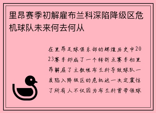 里昂赛季初解雇布兰科深陷降级区危机球队未来何去何从
