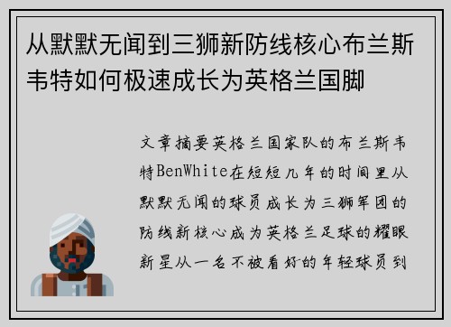 从默默无闻到三狮新防线核心布兰斯韦特如何极速成长为英格兰国脚
